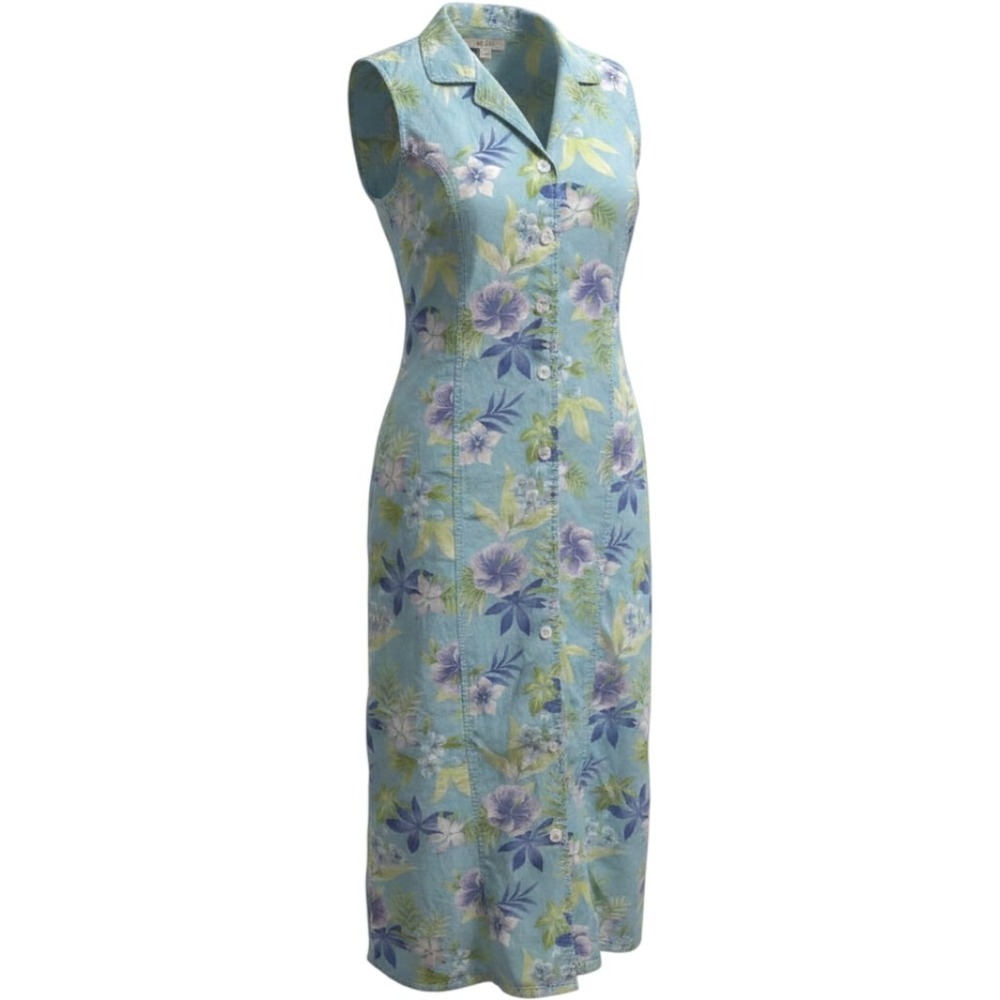 Vtg 90s Erika Tropical Floral Button Front Midi Dress Blue Sleeveless Tie Back